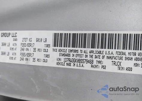 2011 Ram Dakota Bighorn/Lonestar из США, поврежденный, VIN 1D7RW3GK0BS579468